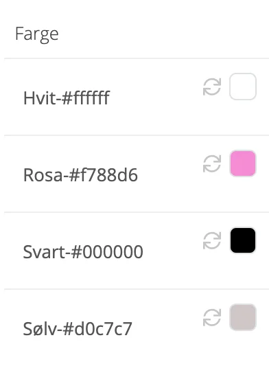 Skjermbilde for: Avanserte produktvalg: Hvordan legger jeg til fargevalg?