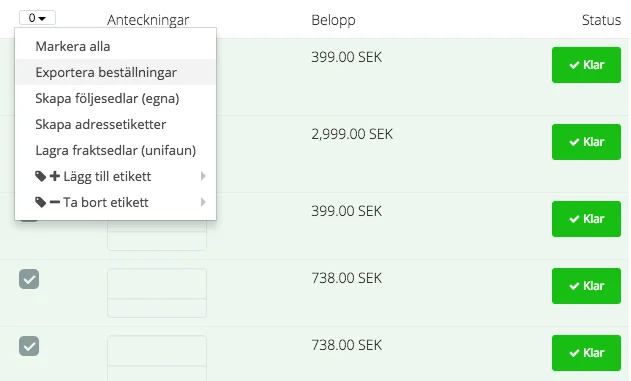 Exportera Beställningar