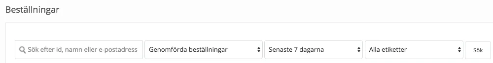 Sök / Filtrera Beställningar