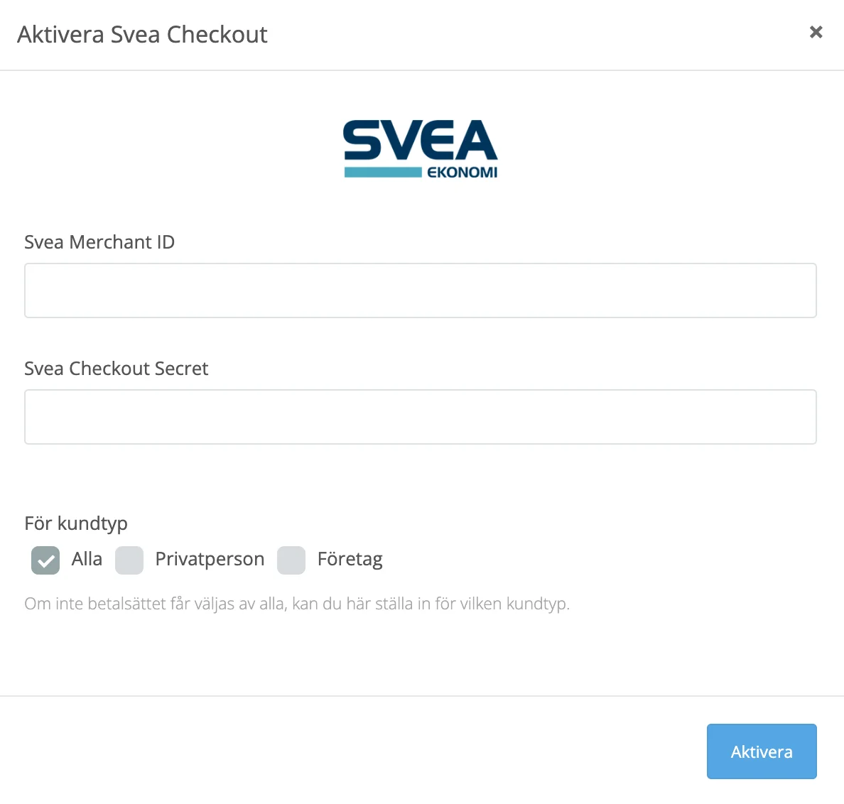 Skärmavbild för: Svea Checkout: Hur aktiverar jag?